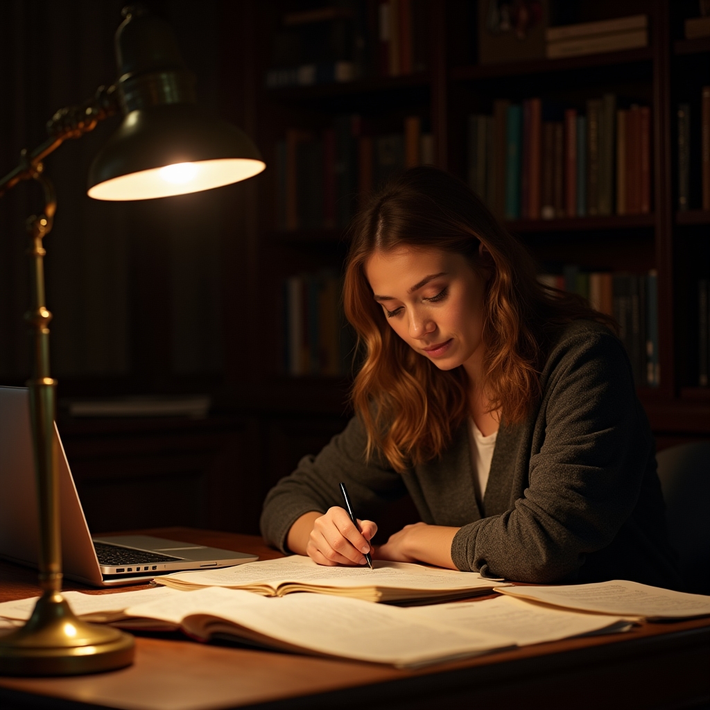 Content researcher at a wooden desk with notebooks, a laptop displaying research, and a warm desk lamp