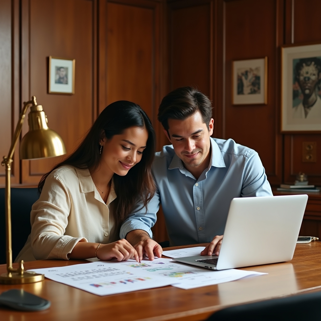 Two content strategists reviewing a content calendar and competitor data on a laptop