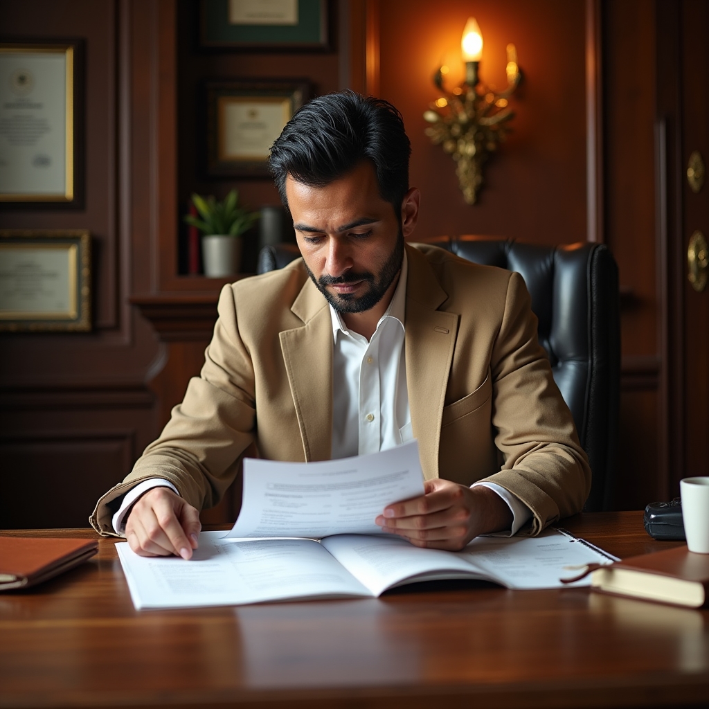 Content strategist reviewing a printed curriculum outline at a large wooden desk with coffee and notebooks