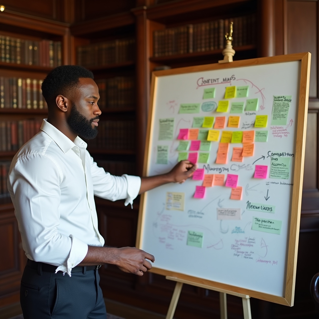 Content strategist mapping out gap analysis on a whiteboard with sticky notes