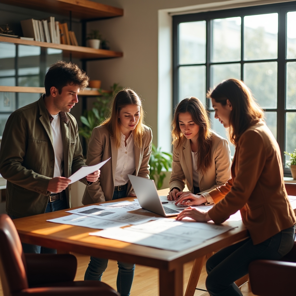 In-house content team of four people in a bright modern office reviewing editorial plans together