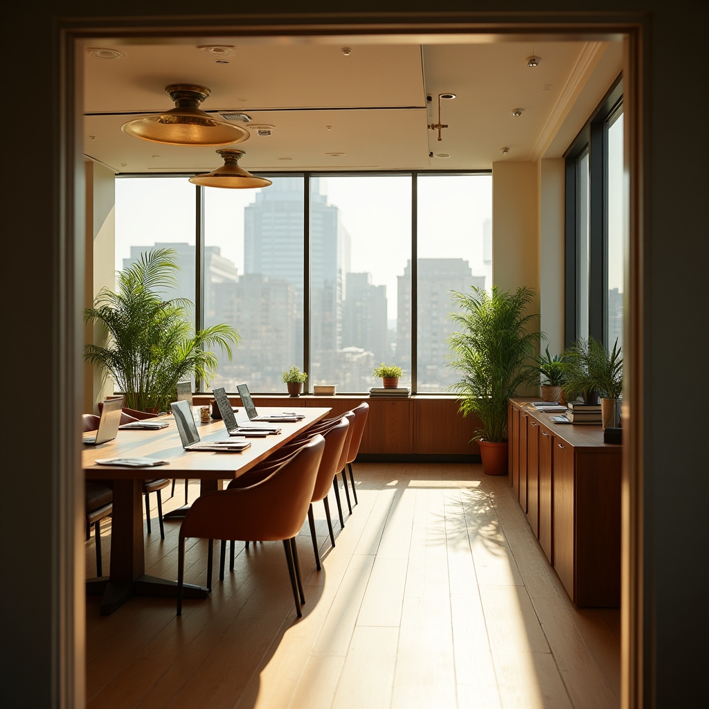 Bright interior office workspace with wooden furniture, plants, and large windows overlooking downtown Cincinnati