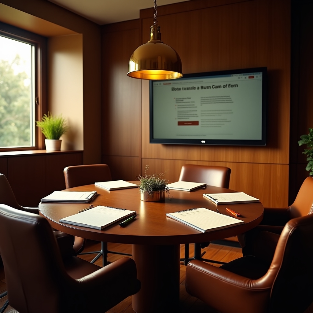 Training room with a large monitor, comfortable seating, warm lighting and notebooks arranged on a conference table